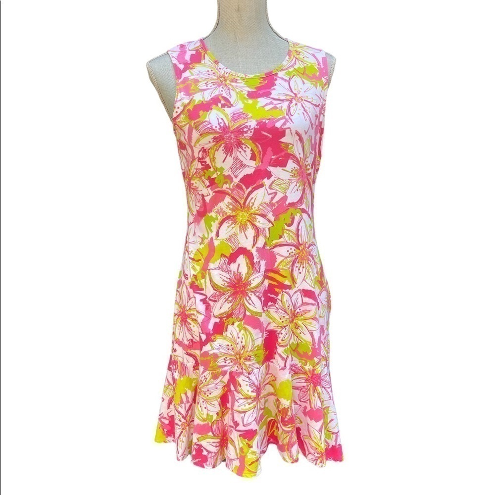 THREE Friends Dress Pink Green Floral Ruffle Hem Size Small